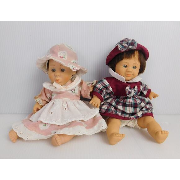 Vintage GiGo Toys Dolls PE Pellets Pink White Red White Plaid Dress Brown Hair - Picture 1 of 14